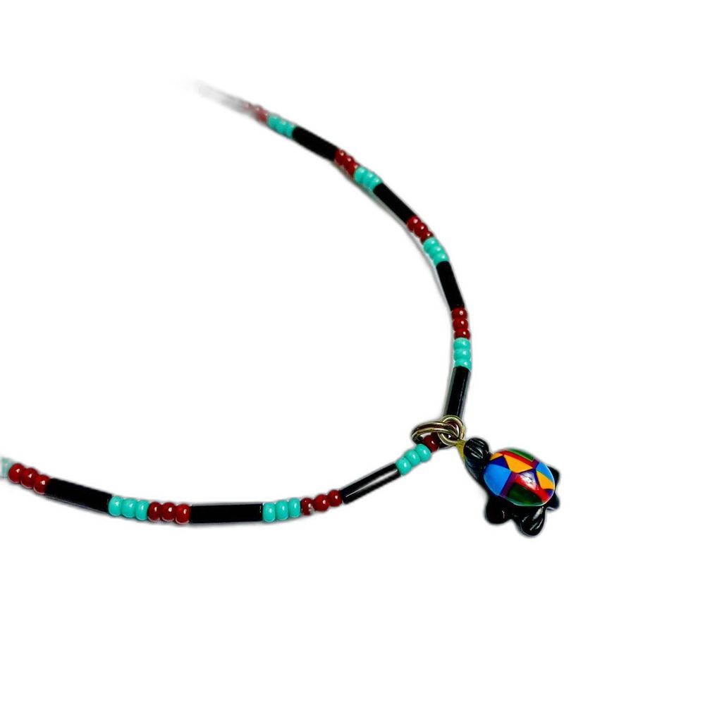 Southwestern Black Onyx Turtle w Black, Red & Truquoise Beads Bracelet/Anklet